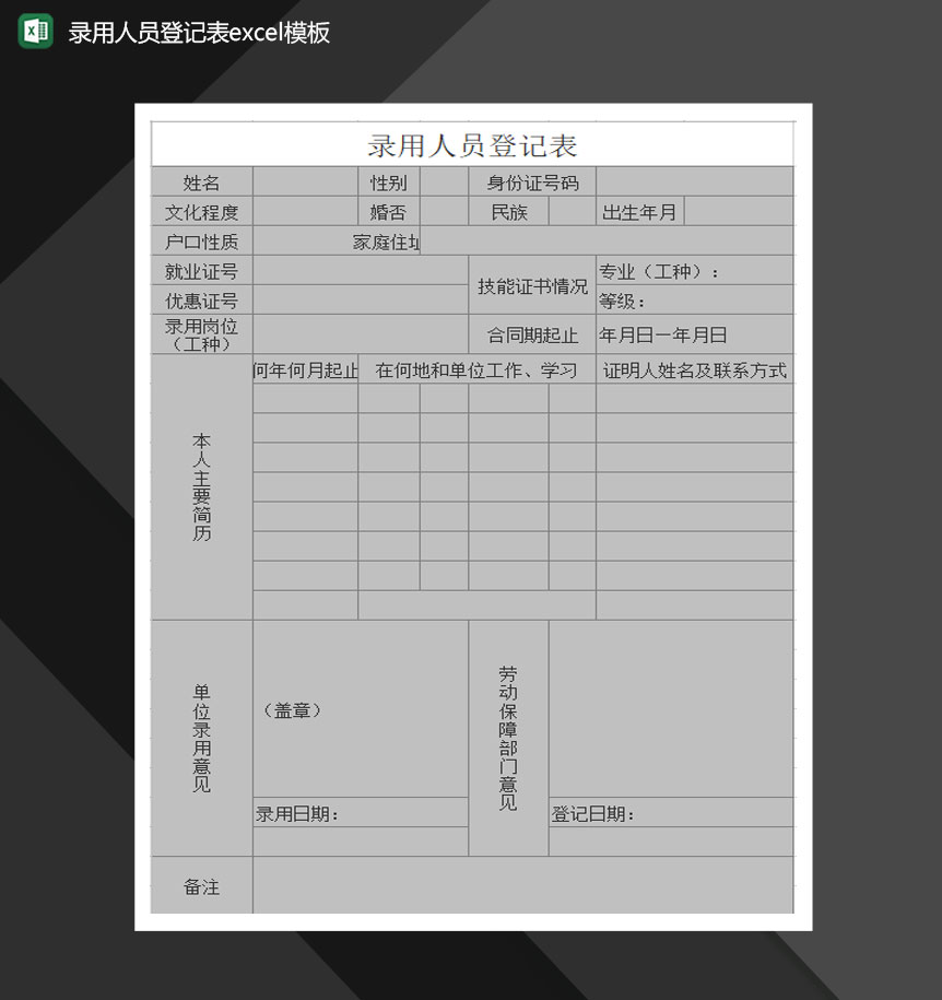 录用人员登记档案报表Excel模板