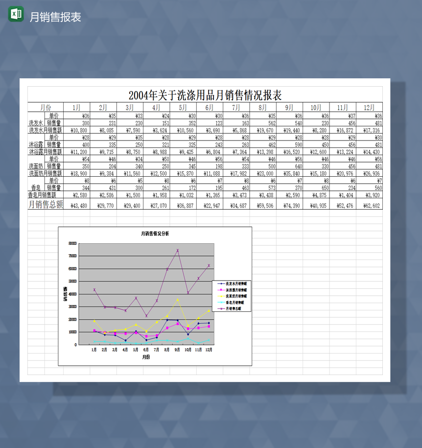 2020年年关于洗涤用品月销售情况报表Excel模板