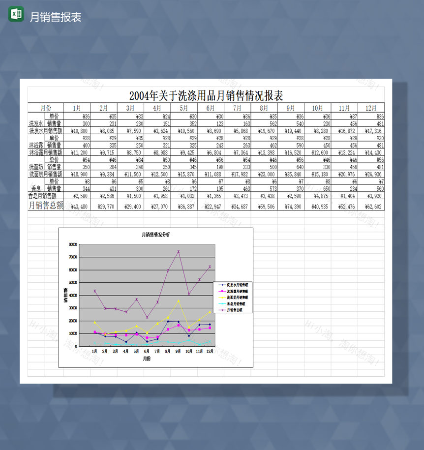 2020年年关于洗涤用品月销售情况报表Excel模板-1