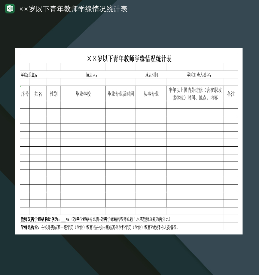 全院××周岁以下青年教师学缘情况统计表Excel模板