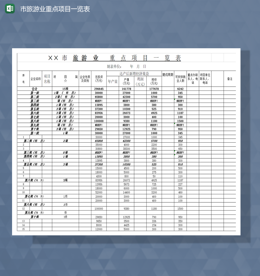 市旅游业重点项目一览表Excel模板
