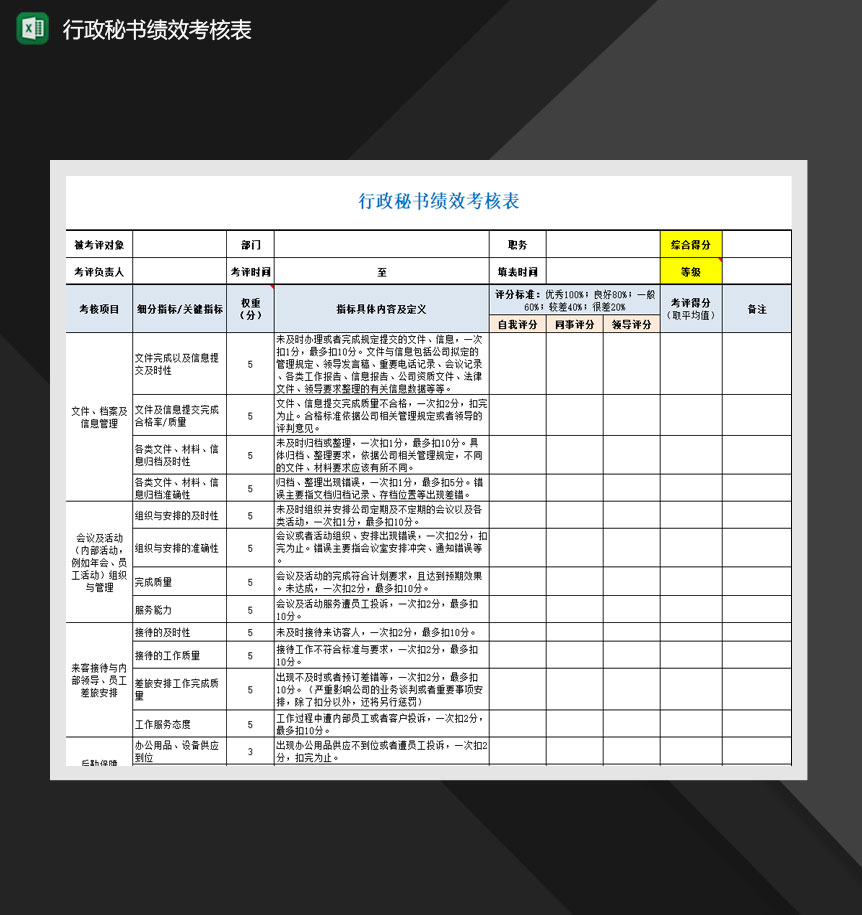 行政秘书绩效考核表Excel模板