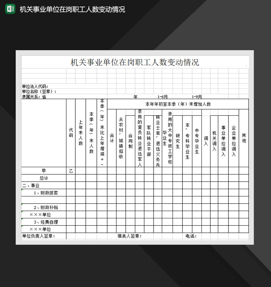 机关事业单位在岗职工人数变动情况Excel模板