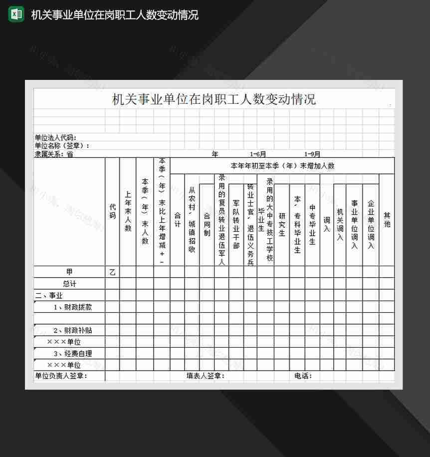 机关事业单位在岗职工人数变动情况Excel模板-1