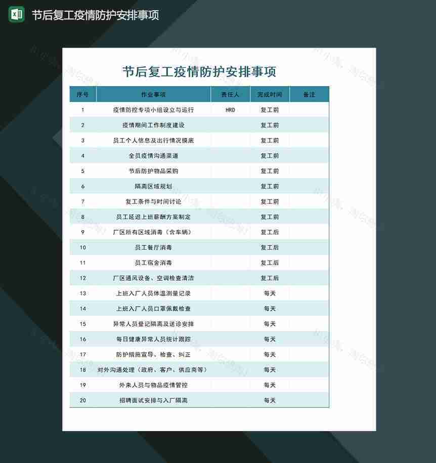 节后复工疫情防护安排事项Excel模板-1