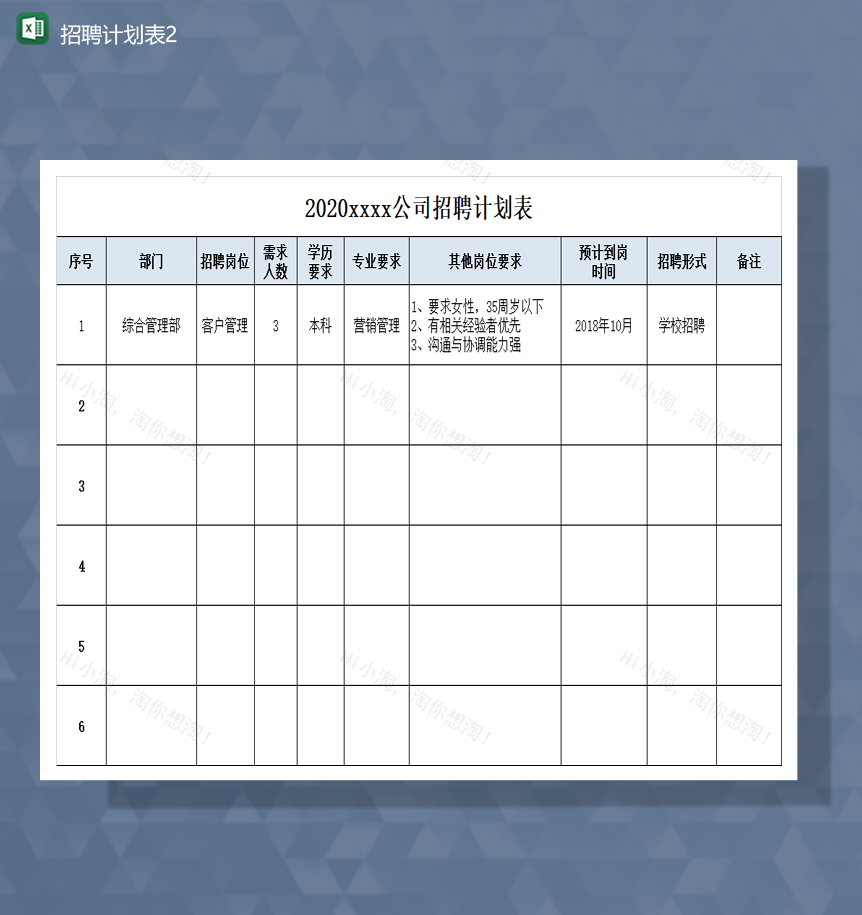 2020年公司招聘需求计划统计详情表Excel模板-1
