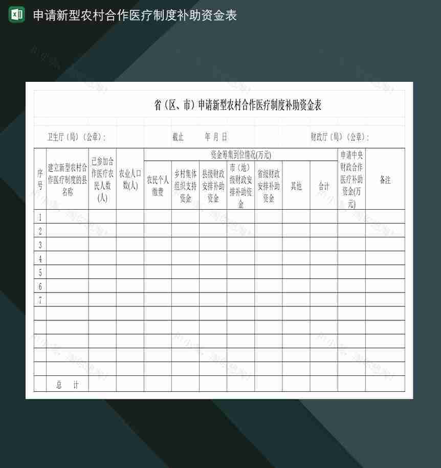 省区市申请新型农村合作医疗制度补助资金表Excel模板-1