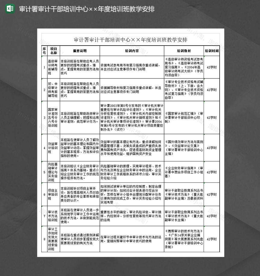 2020审计署审计干部培训中心培训班教学安排详情表Excel模板-1