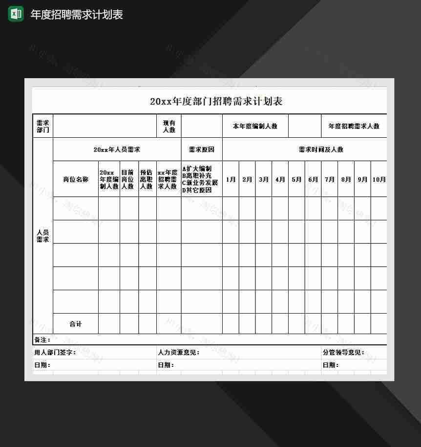 2020公司年度招聘需求计划表Excel模板-1