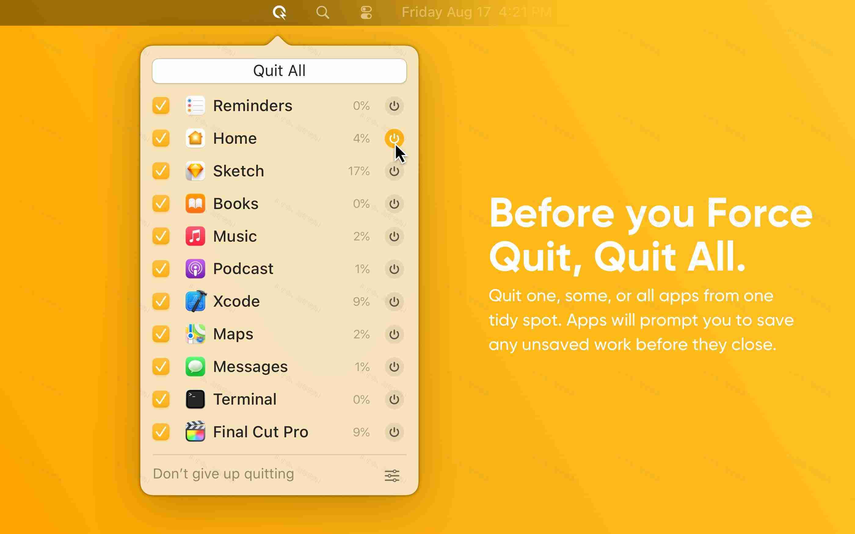 Quit All For Mac v1.2.2  一键管理退出或强制退出应用程序软件