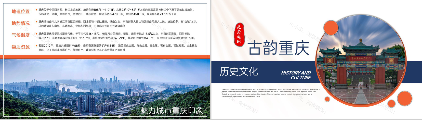 蓝橙撞色天府之国魅力重庆城市简介旅游攻略PPT模板-4