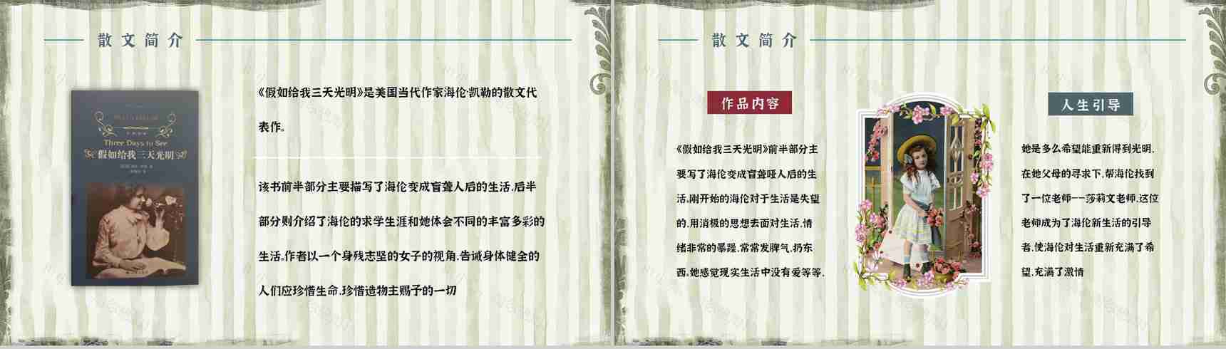 教育教学《假如给我三天光明》作品简介好词好句摘抄整理PPT模板-6