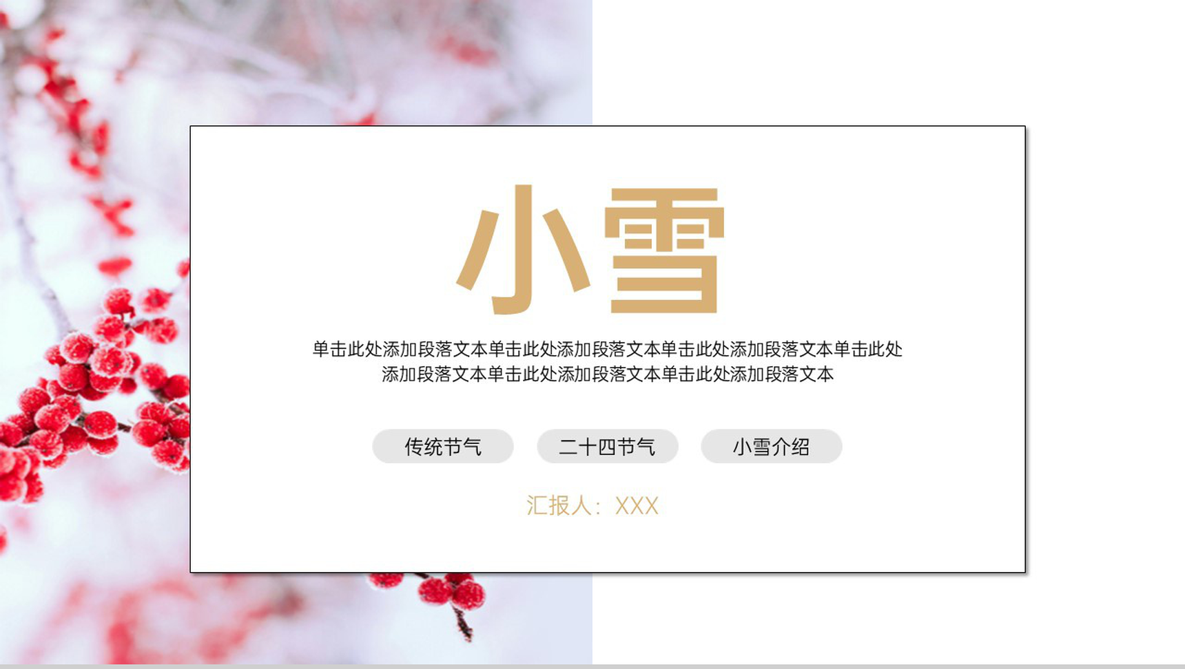 白色简约风传统节气小雪节气主题工作汇报PPT模板