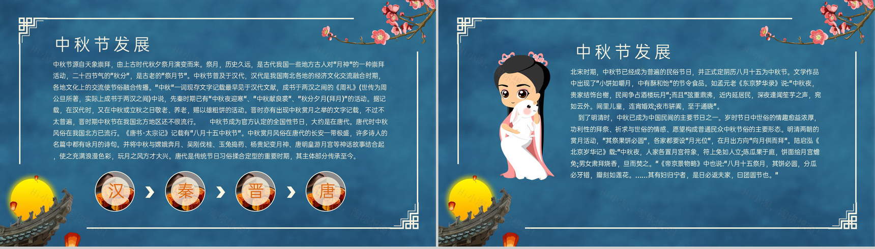 蓝色简约中国风花好月圆中秋节介绍中秋习俗PPT模板-4