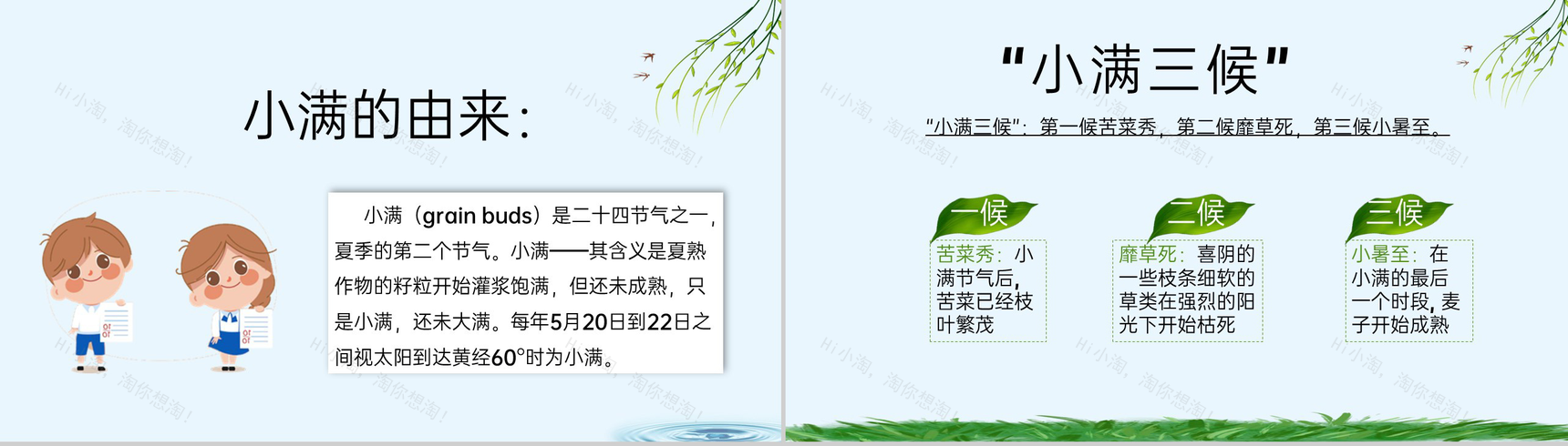 蓝绿卡通风中国传统二十四节气小满节气由来PPT模板-3