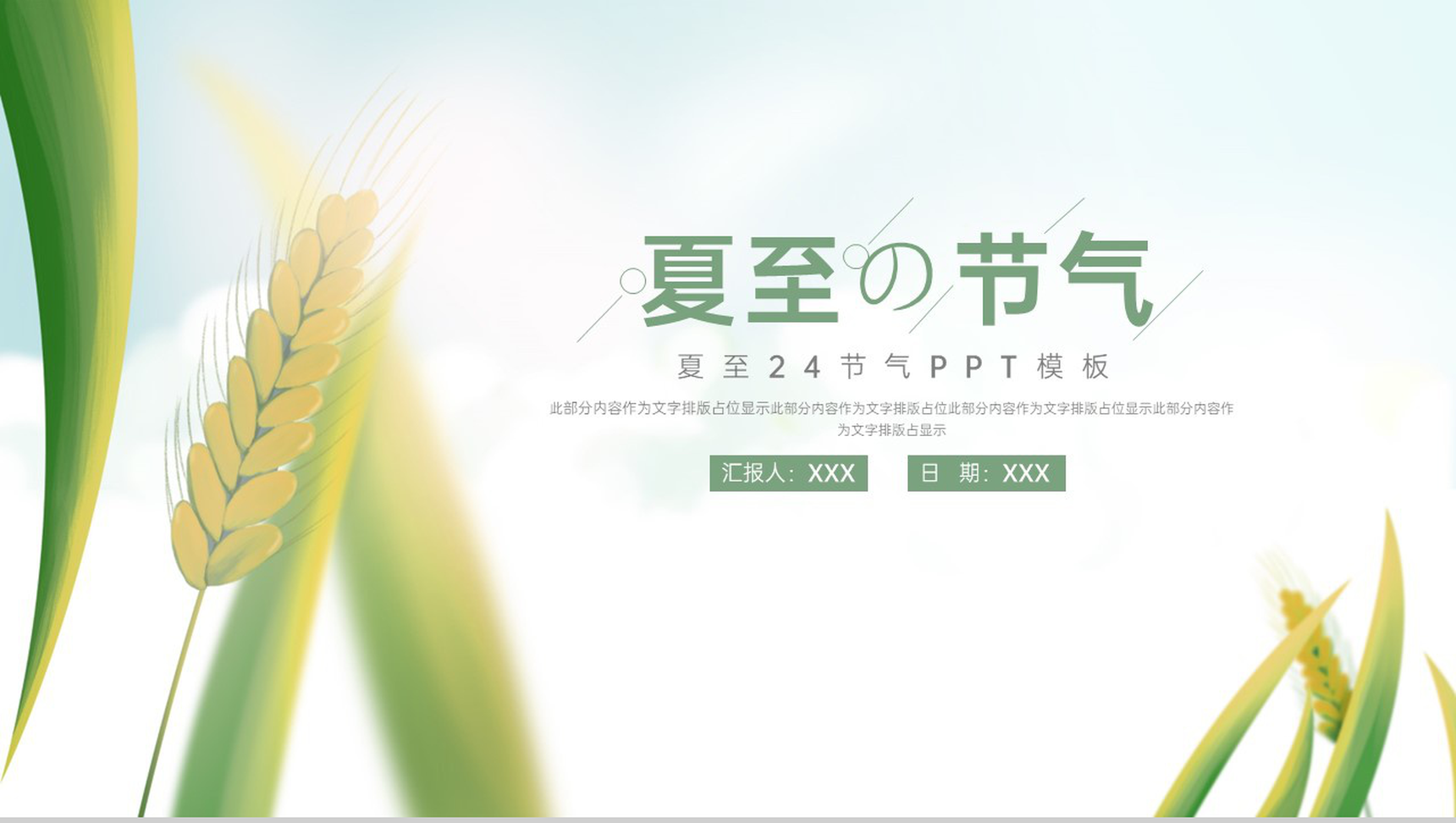 浅绿色简约风麦穗收获二十四节气夏至介绍由来PPT模板