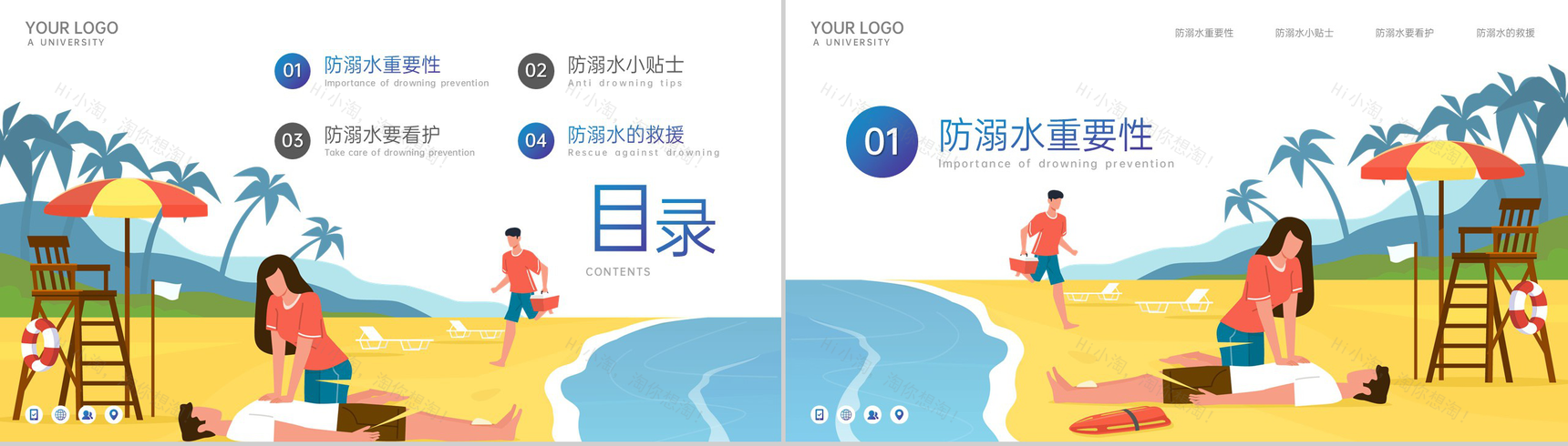 蓝黄卡通风夏季游泳防溺水安全教育主题班会PPT模板-2