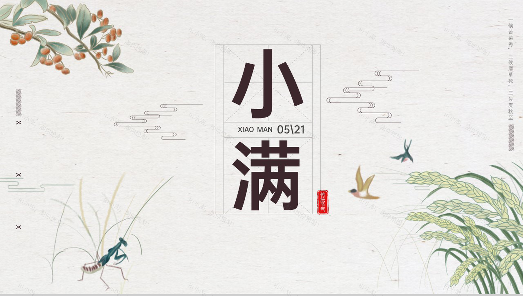 浅绿清新复古二十四节气传统节日小满介绍PPT模板-1