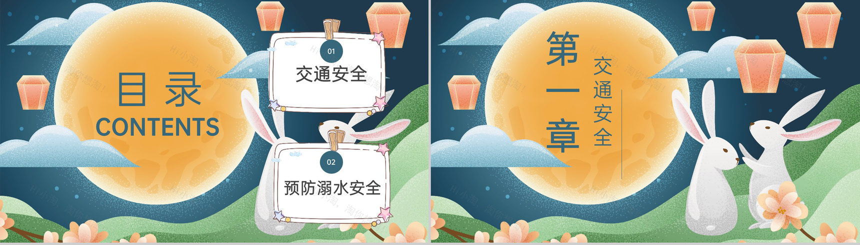 青色简约卡通风中秋节交通安全防溺水安全教育主题班会PPT模板-2