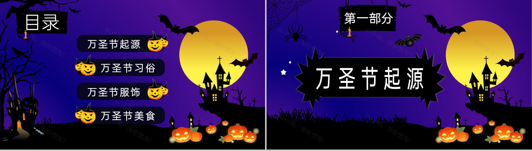 蓝黑卡通风万圣节活动主题介绍万圣节的服饰PPT模板-2