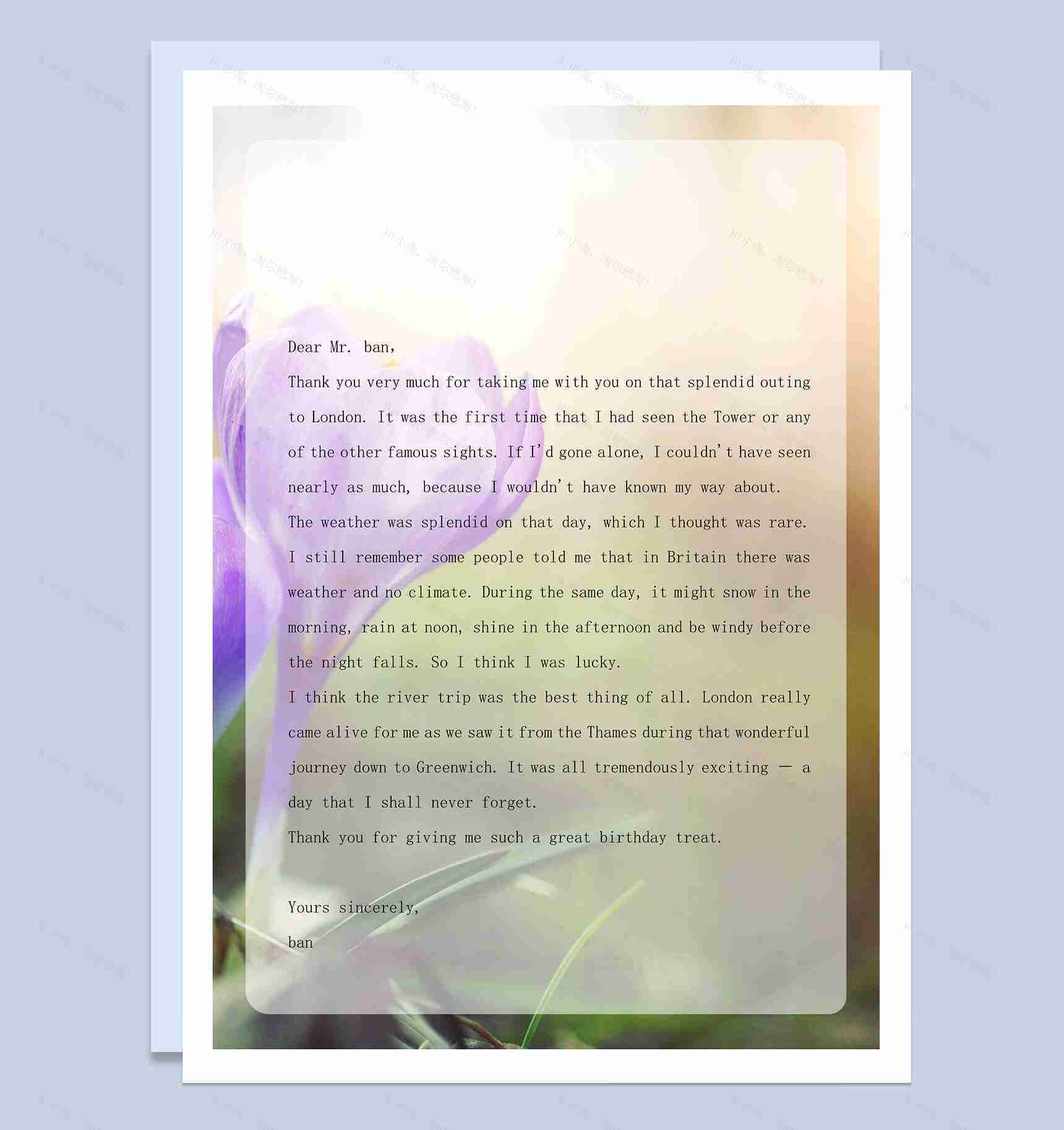 紫色花感谢信word信纸背景模板-1