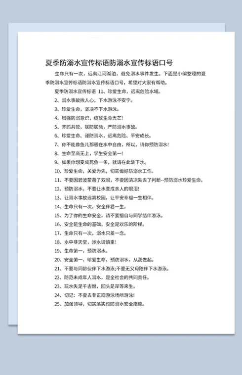 夏季中小学生防溺水宣传标语Word模板