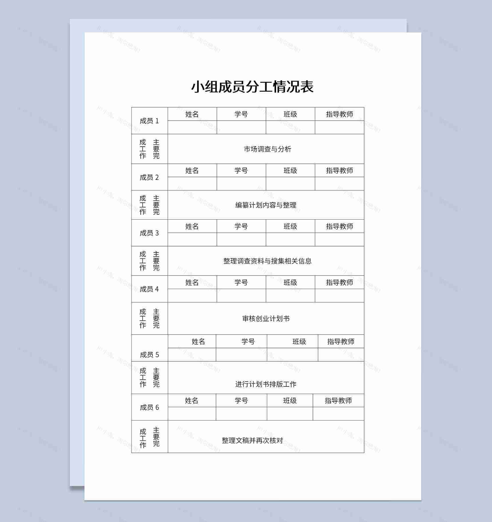 面包店创业计划书及小组成员分工情况表Word模板-1