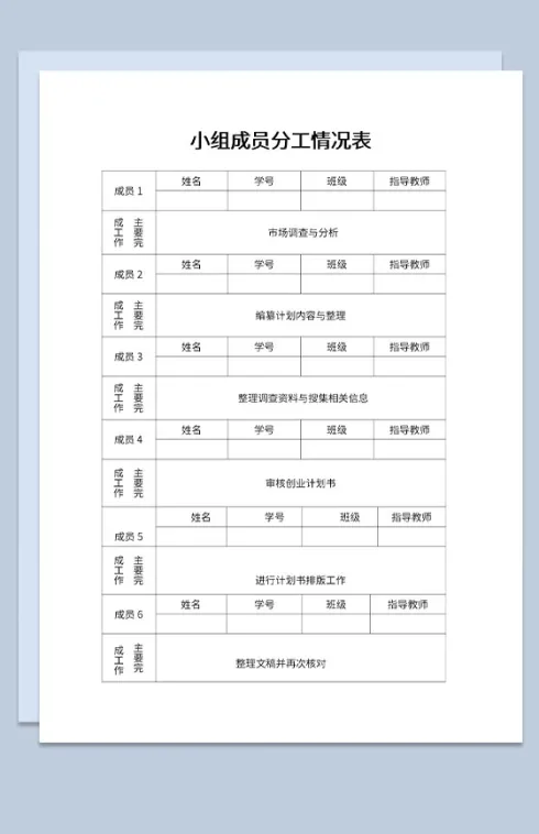 面包店创业计划书及小组成员分工情况表Word模板