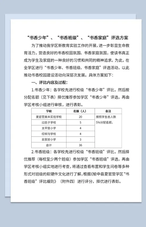 书香少年书香班级书香家庭评选方案Word模板