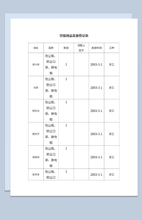 公司劳保用品发放员工领用物品登记表Word模板