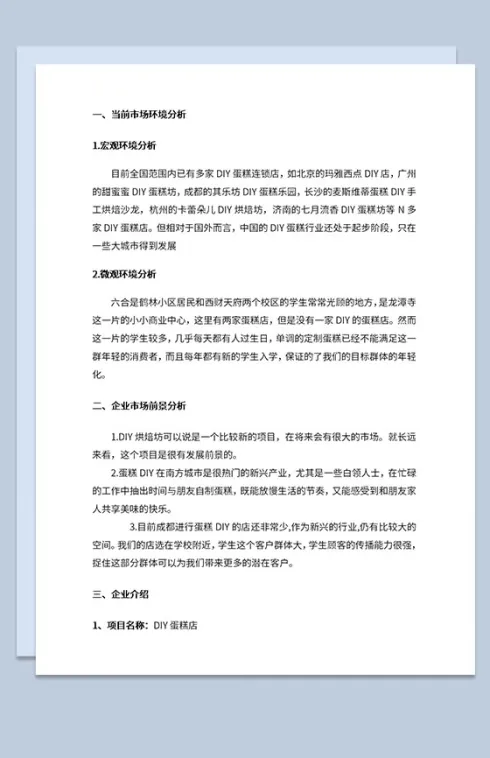 DIY蛋糕店创业计划书市场分析发展前景Word模板