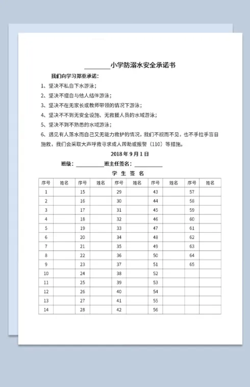 中小学防溺水安全承诺书防溺水知识宣传Word模板