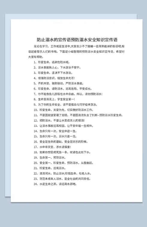 中小学夏季预防溺水安全知识宣传Word模板