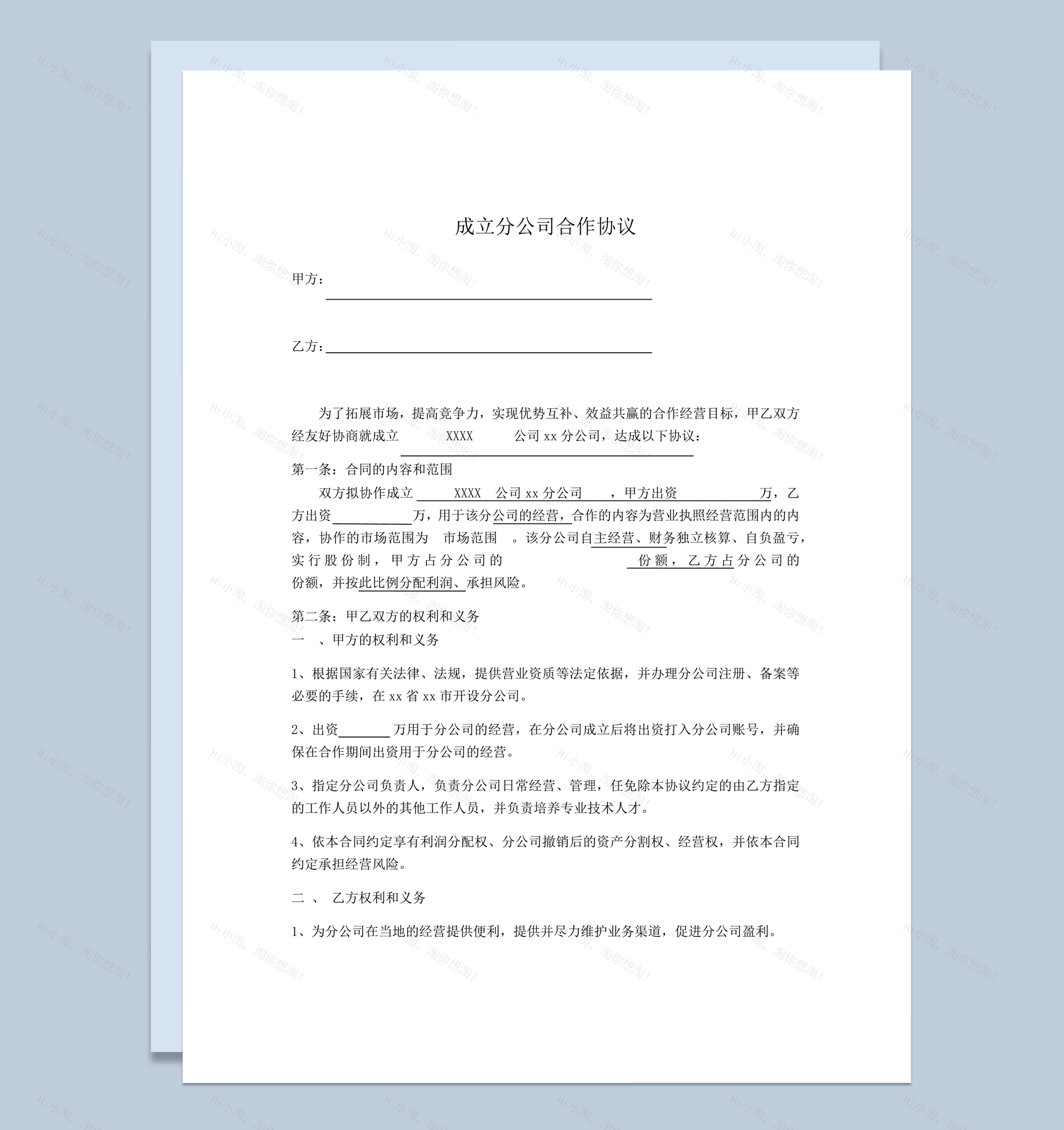 合作成立分公司管理分工协议书word模板-1