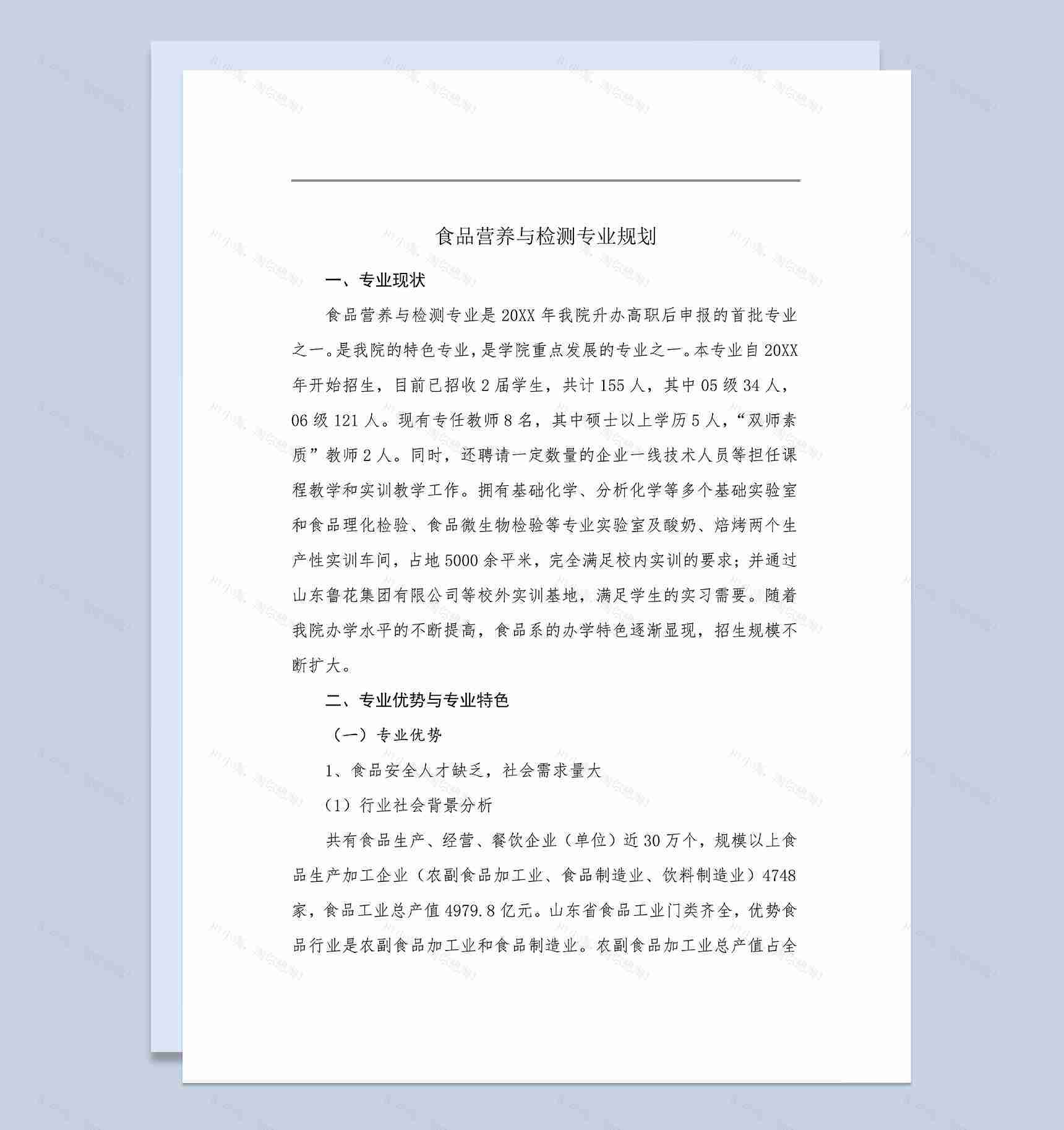 XX食品职业学院食品营养与检测专业规划Word模板-1