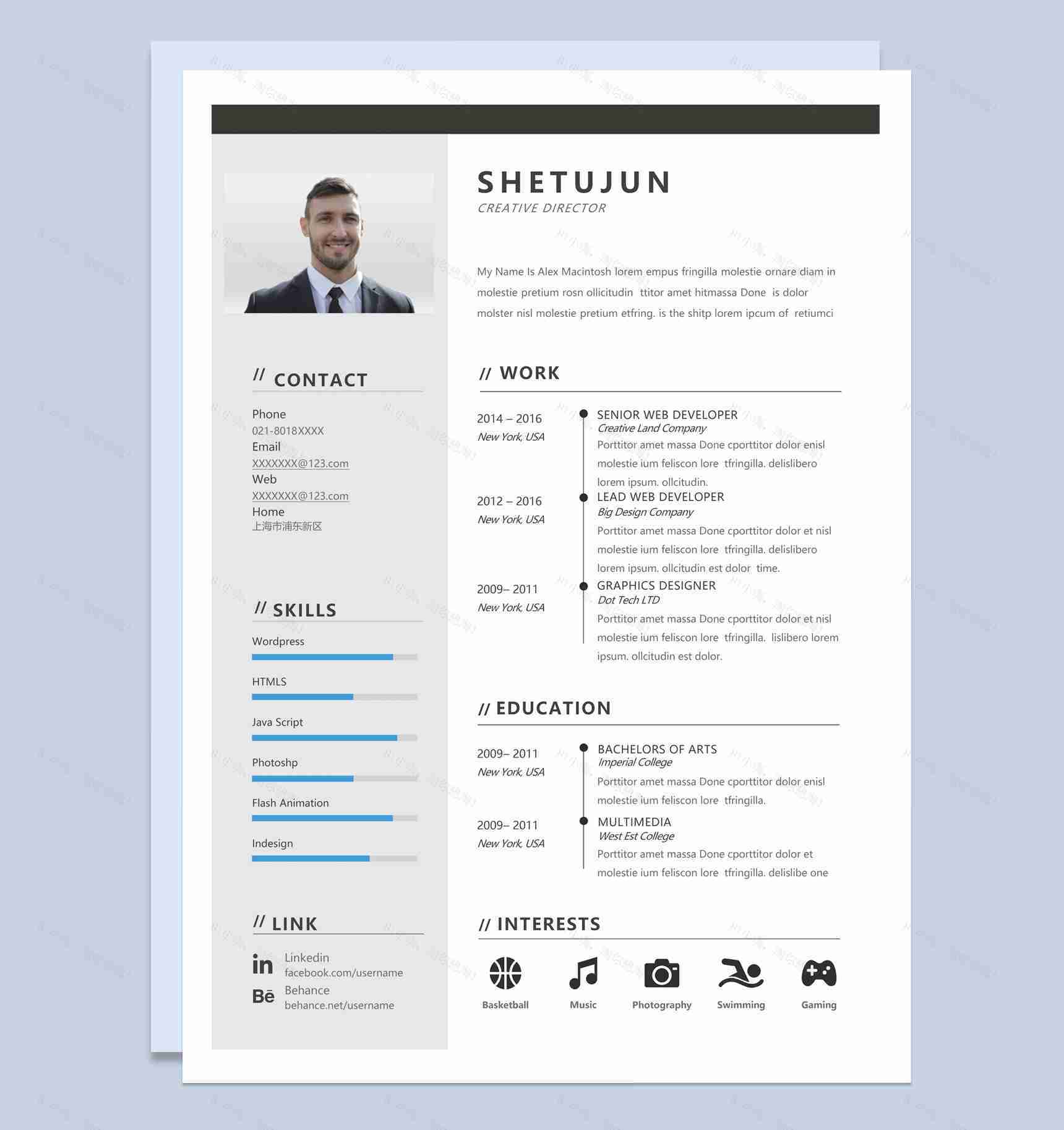 黑色商务风格创意设计总监个人求职英文简历Word模板-1