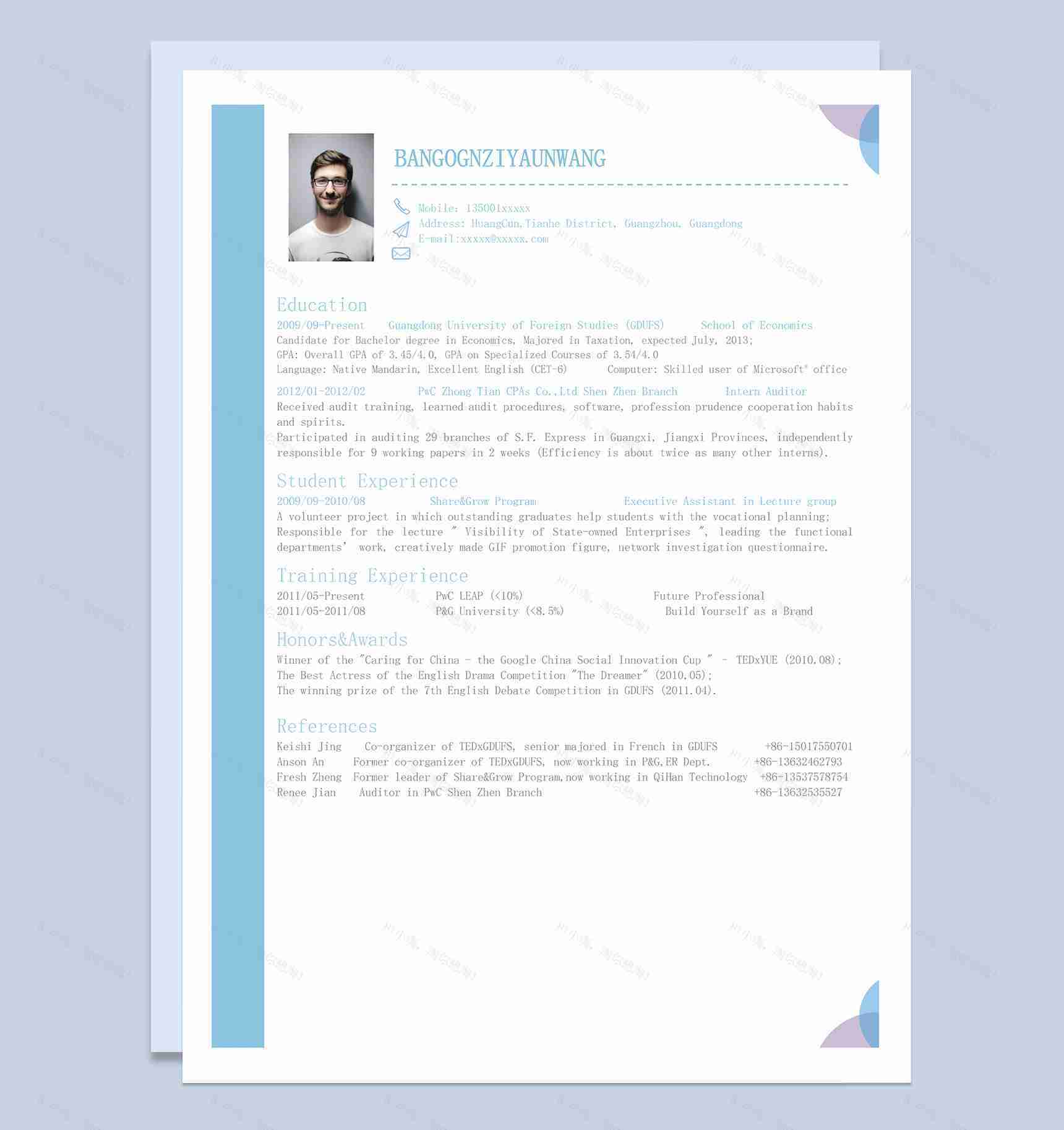 浅蓝色简约风格审计员个人求职英文简历Word模板-1