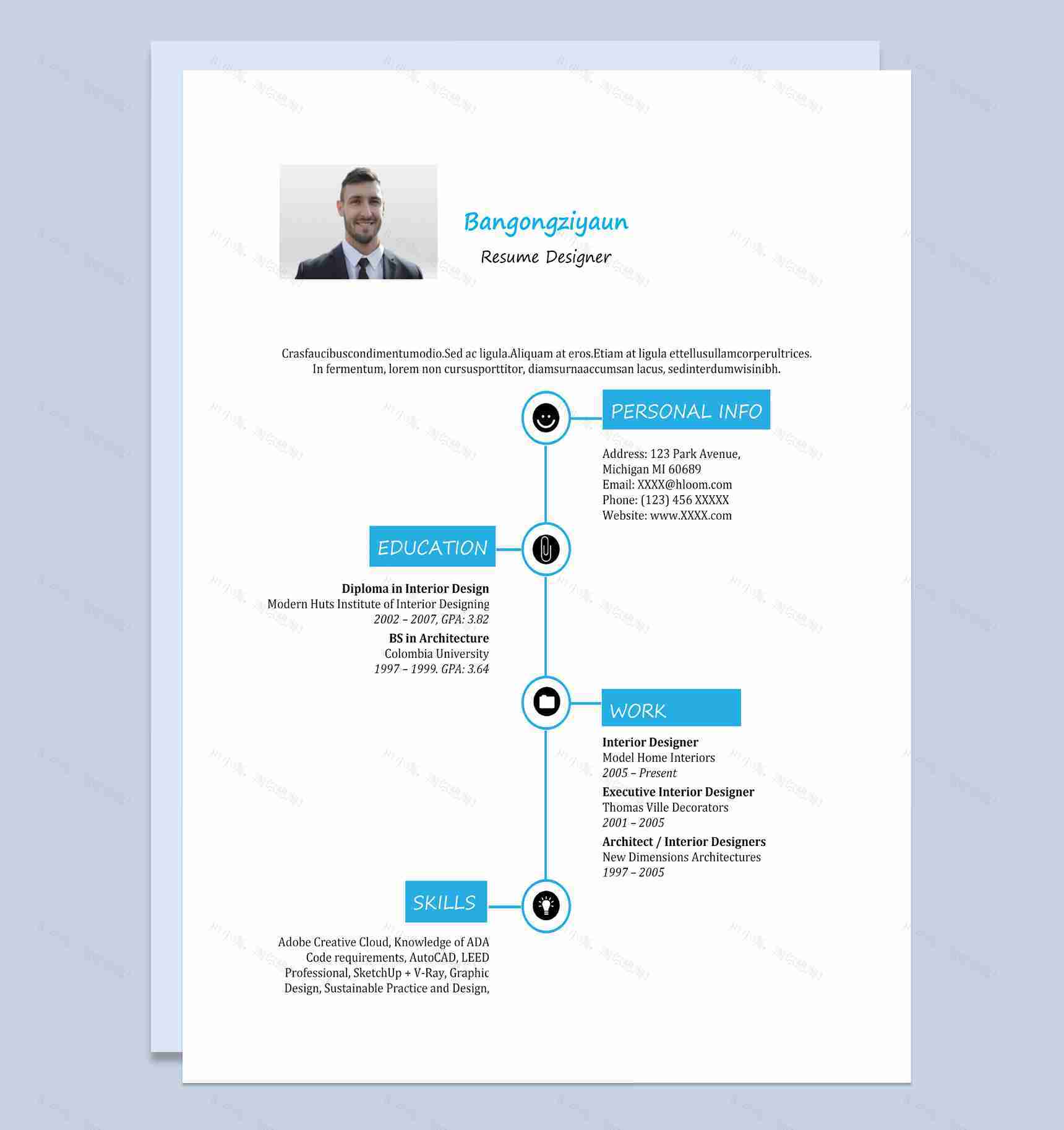 蓝色创意风简历设计师个人求职英文简历Word模板-1
