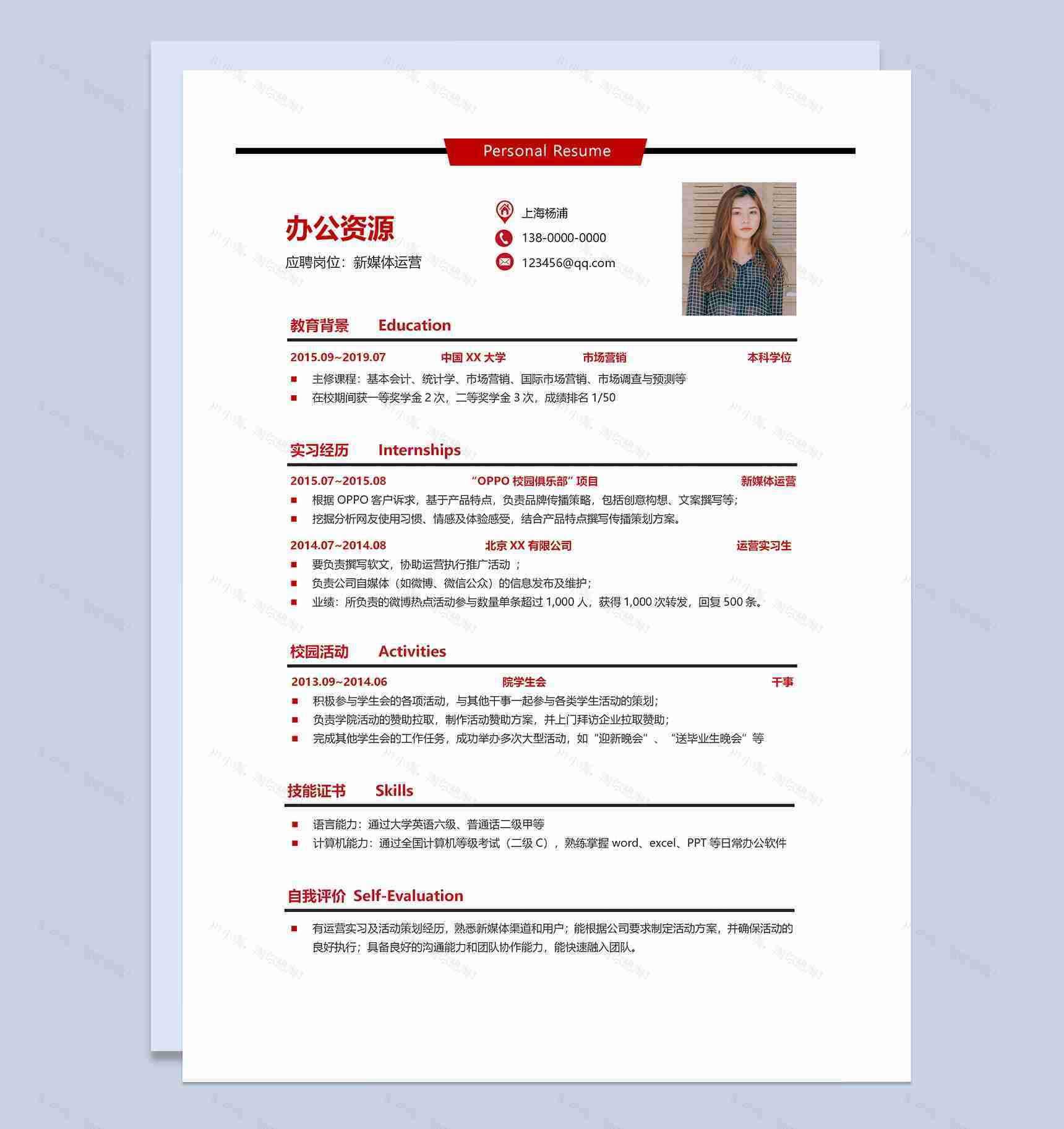 新媒体运营岗位通用求职简历Word模板-1