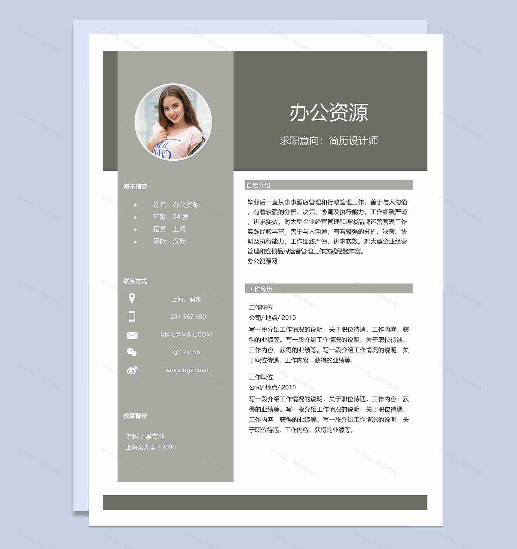 经典简约灰个人工作应聘求简历Word模板-1