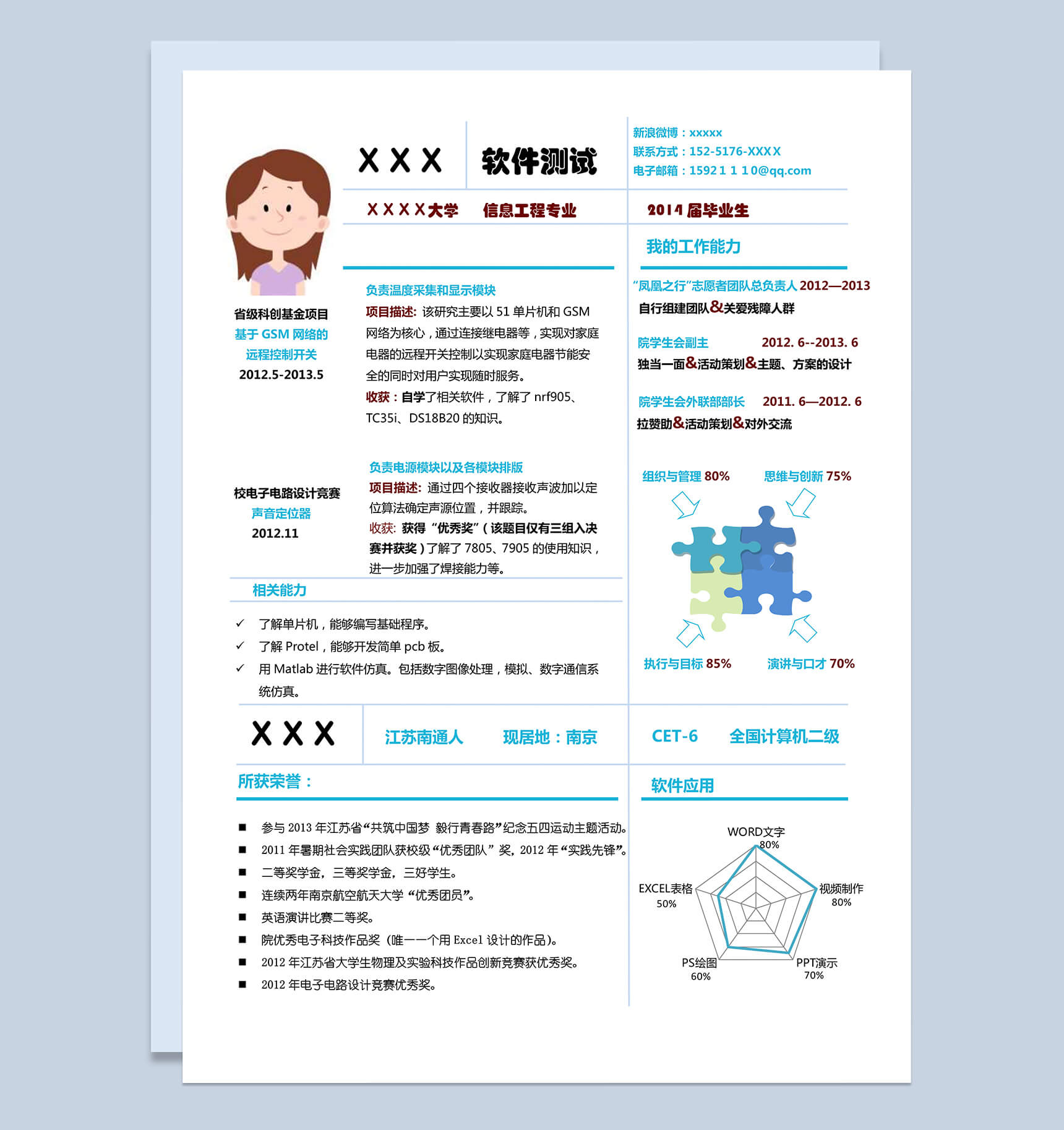 蓝色创意风格求职竞聘软件测试个人简历word简历模板