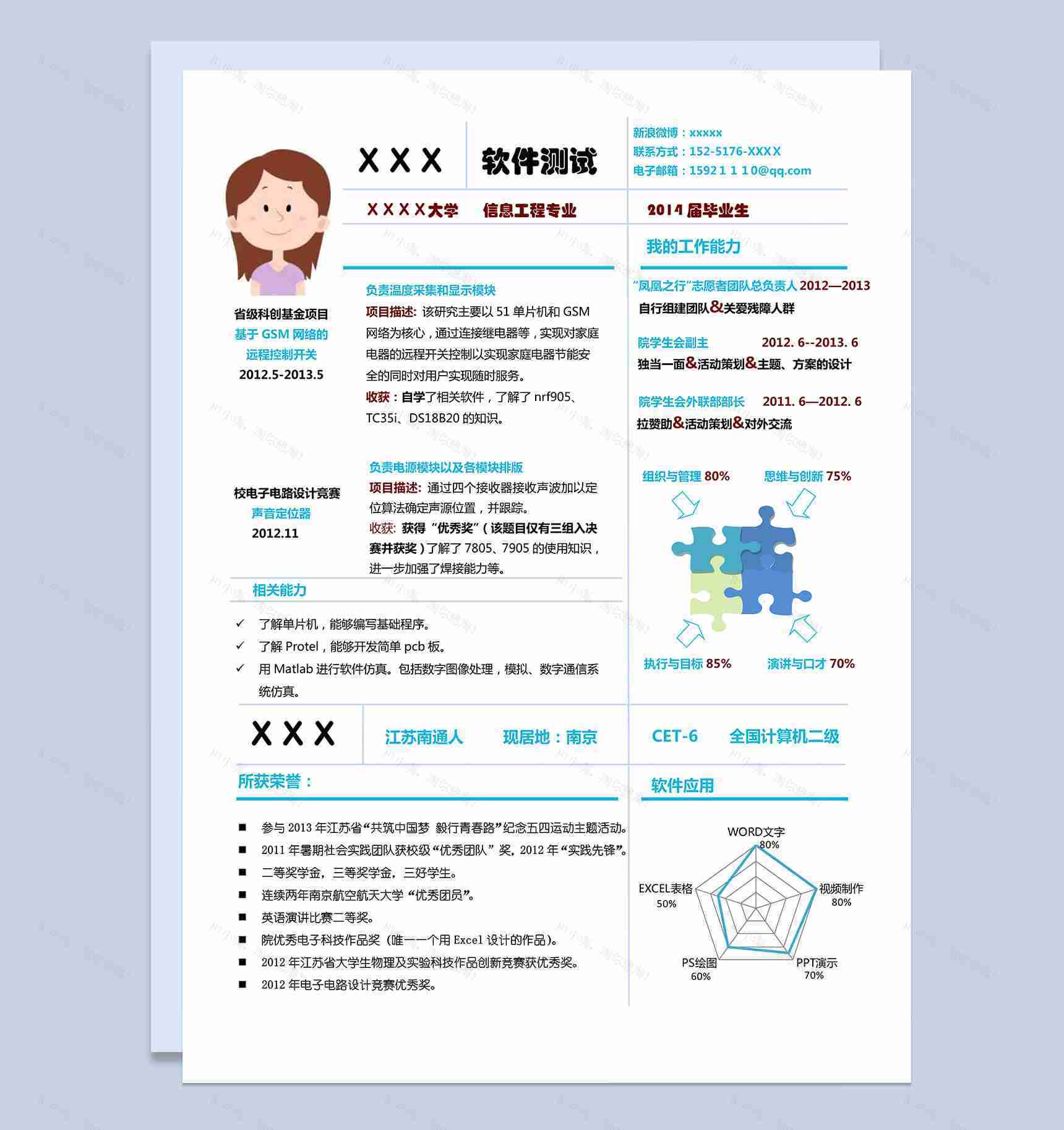 蓝色创意风格求职竞聘软件测试个人简历word简历模板-1