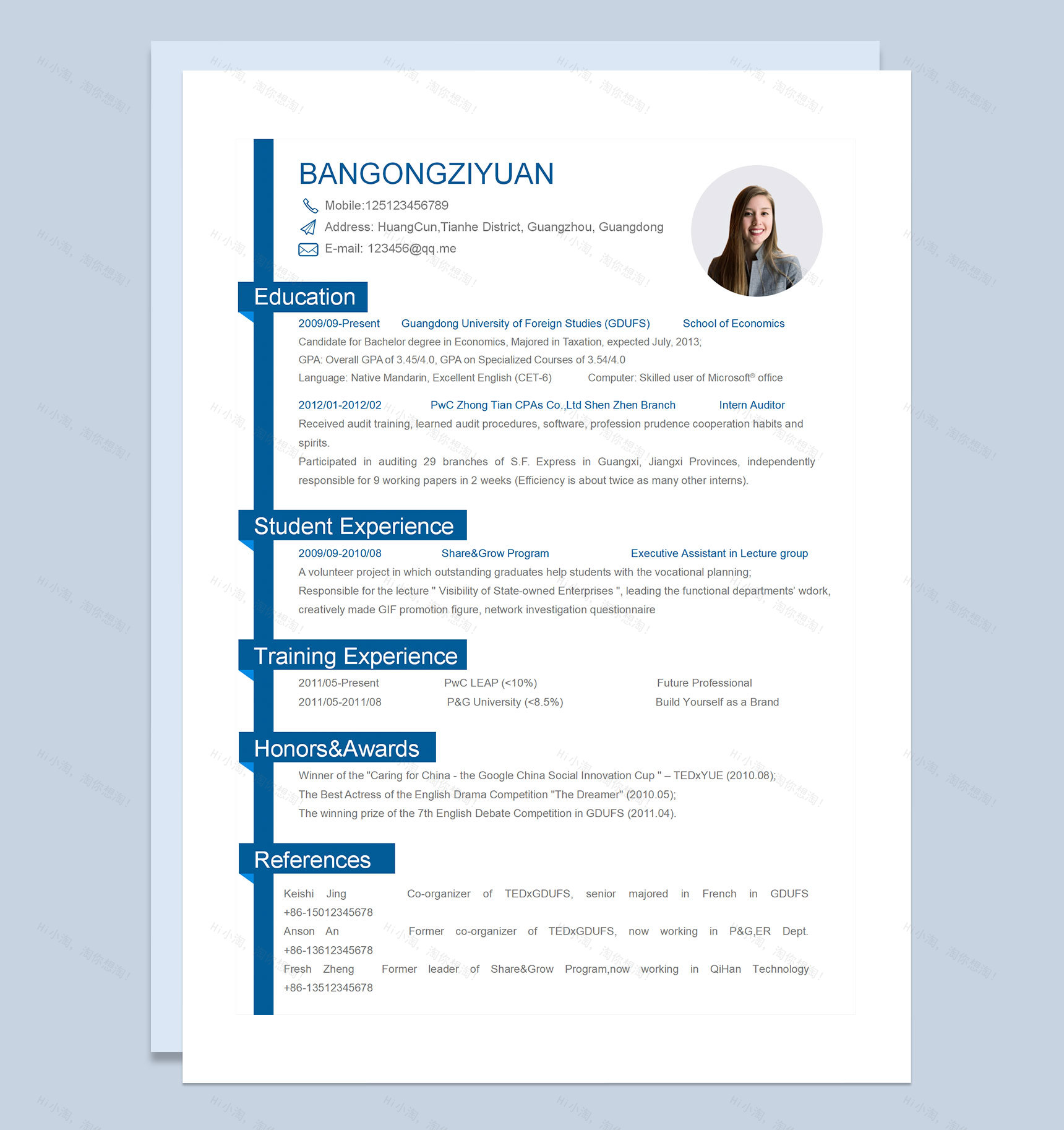 审计员通用的纯英文简历个人简历求职简历Word模板-1