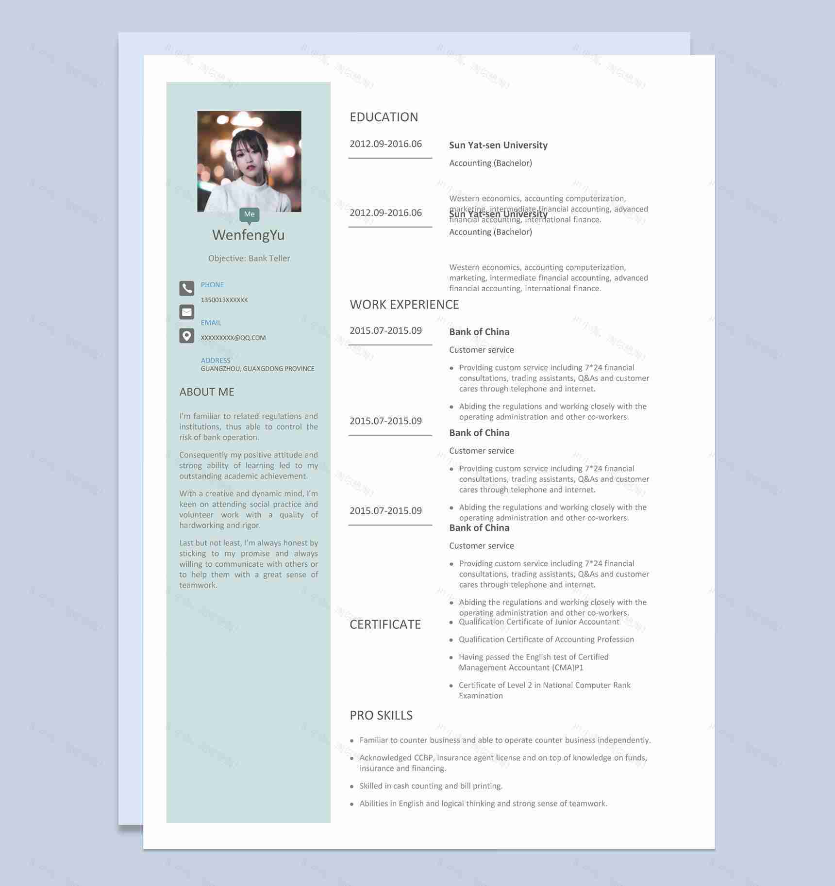 白色简约风格银行职员个人应聘英文简历Word模板-1