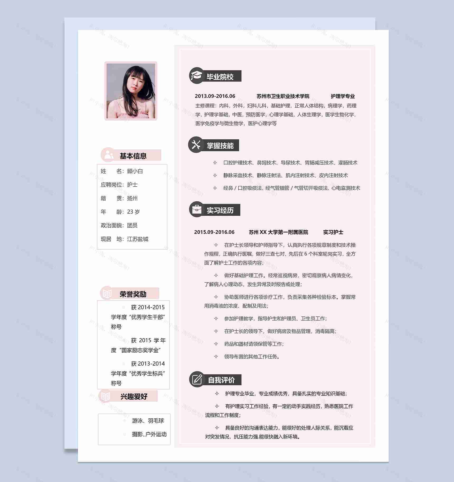 文艺小清新护士岗位个人工作简历Word模板-1