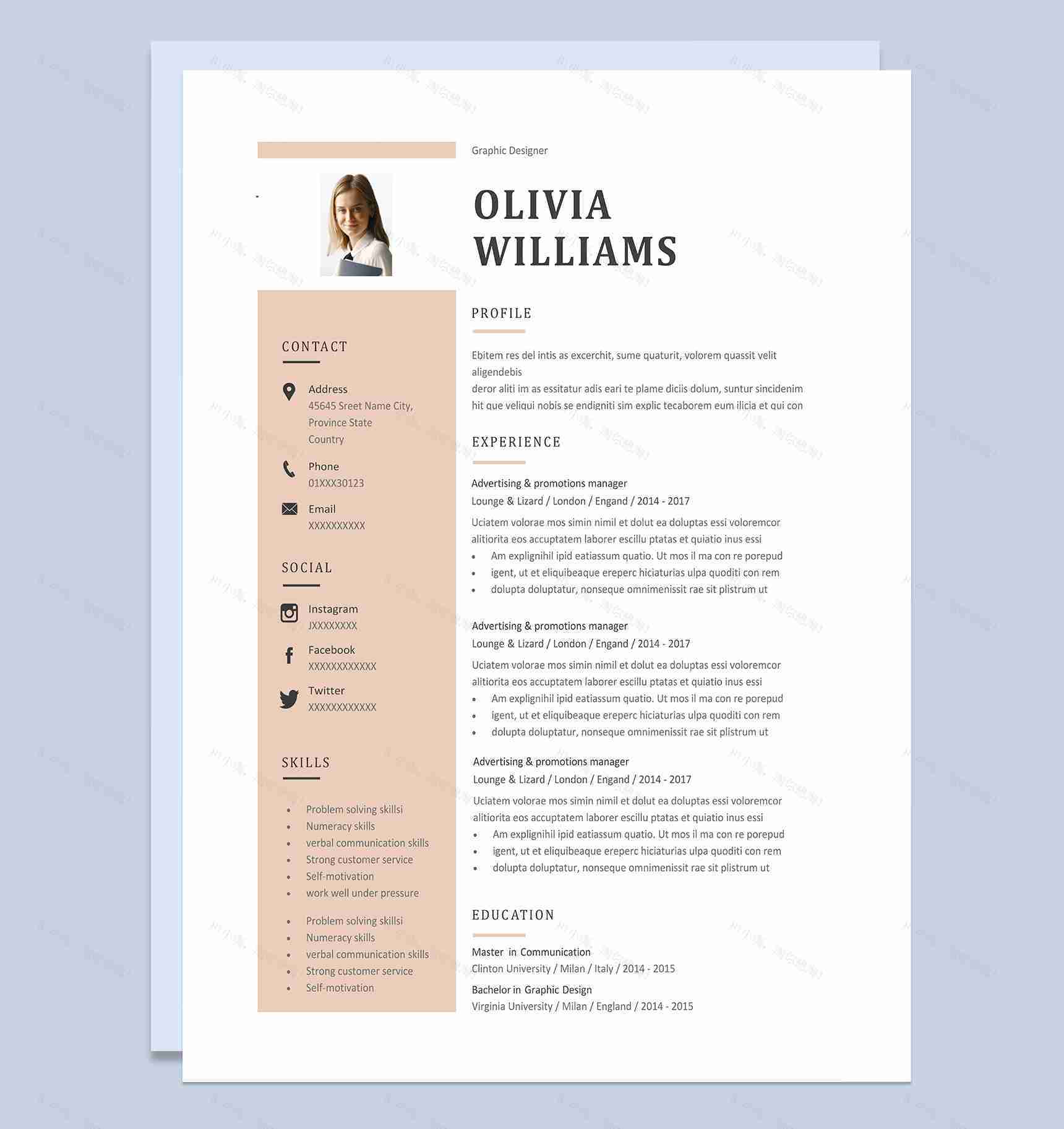 淡雅大气平面设计师岗位个人通用英文版简历Word模板-1