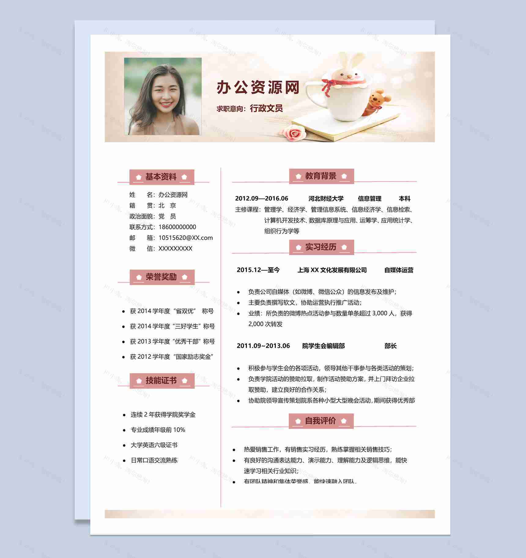 粉色小清新风格信息经济学专业求职简历Word模板-1