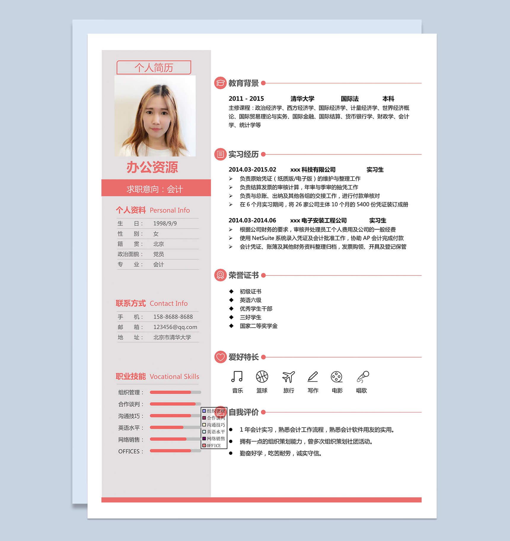 板块会计专业应届生毕业求职简历Word模板