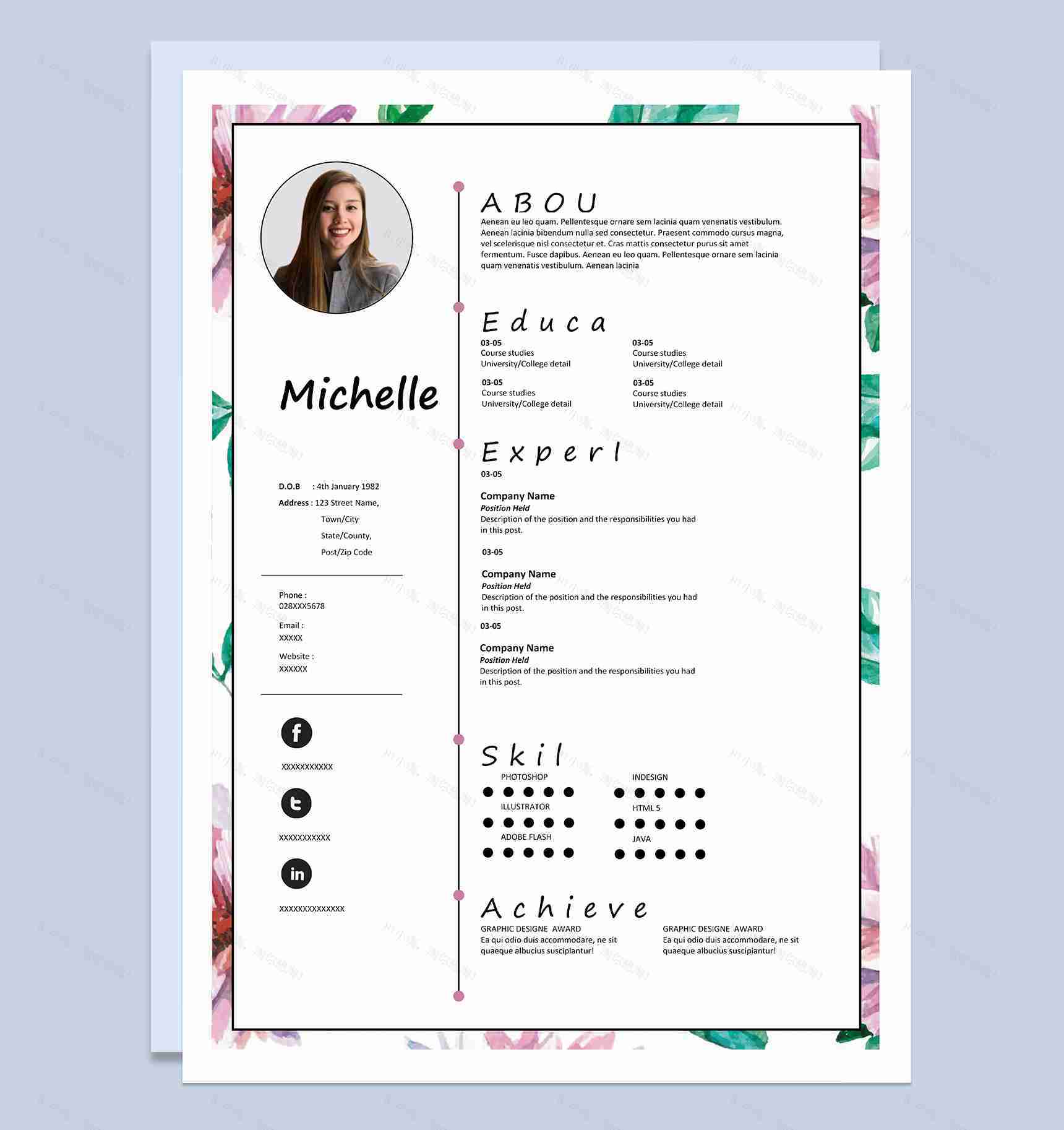 清新唯美教师助理相关岗位个人通用英文简历Word模板-1