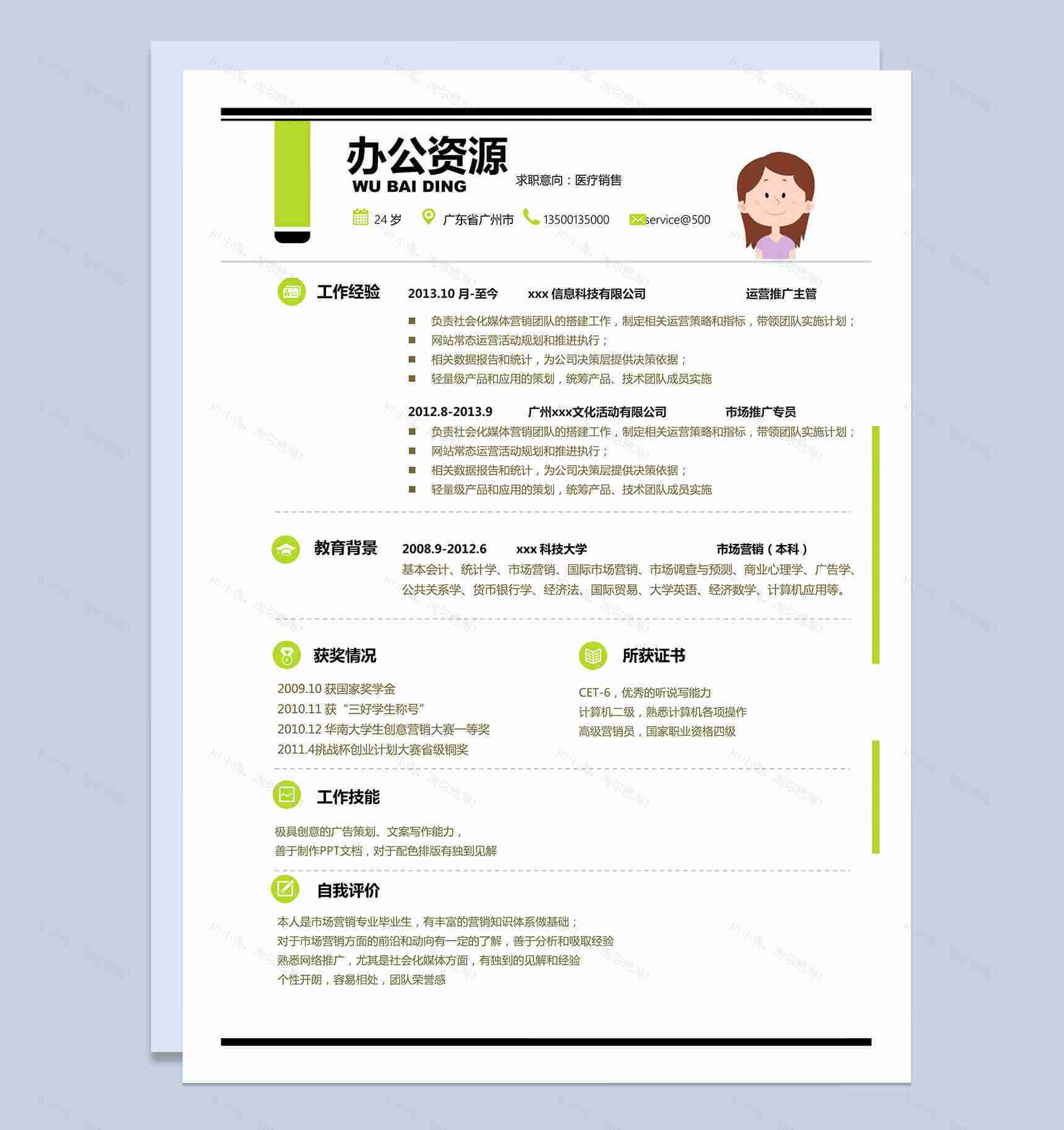 绿色小清新医疗器械销售求职应聘Word简历模板-1
